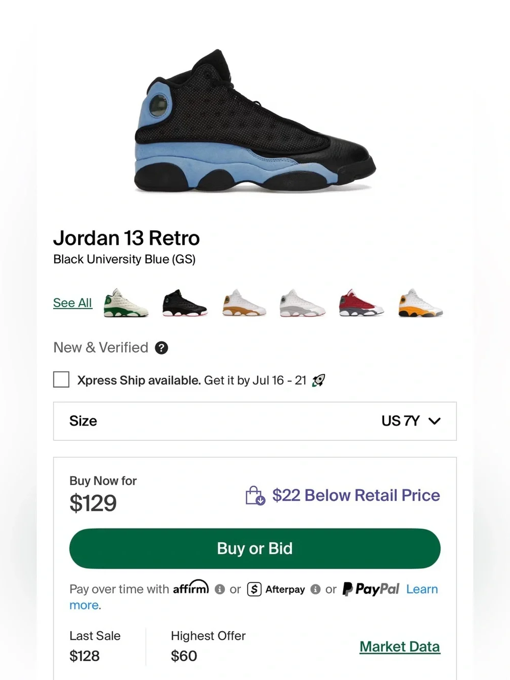 Jordan 13 Retro ‘Black University Blue’ GS 2022 (Sz 7Y/8.5W)